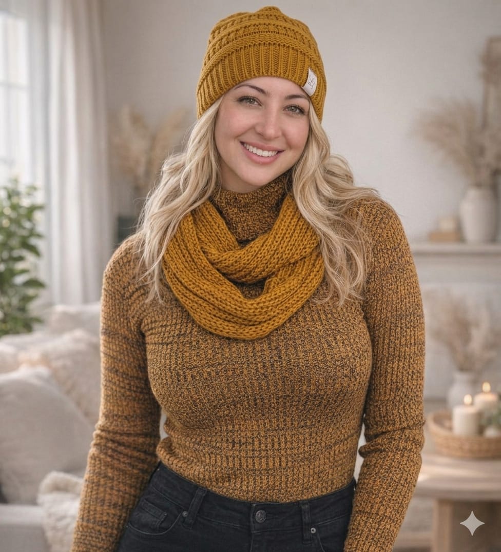 conjunto gorro e gola-mostarda