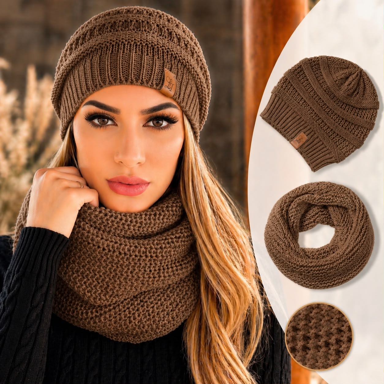 conjunto gorro e gola-marrom couro