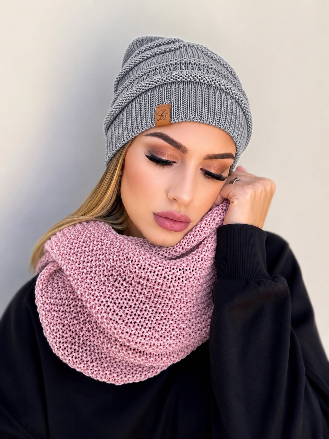 conjunto gorro e gola-bruma rose