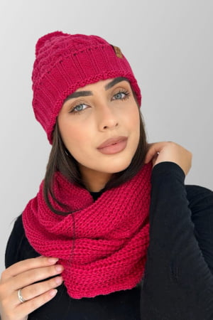 CONJUNTO DE GORRO E GOLA POMPOM PINK FÚCSIA
