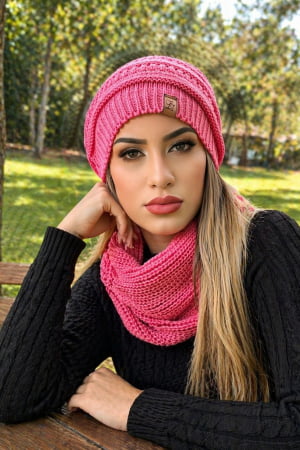conjunto gorro e gola-rosa cha