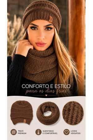 conjunto gorro e gola-marrom couro