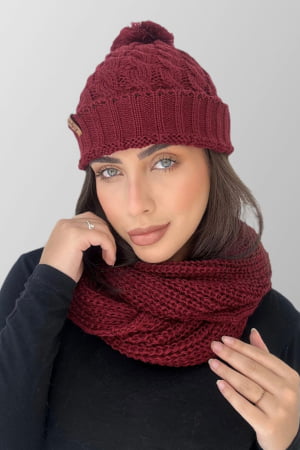 CONJUNTO GORRO E GOLA POMPOM MARSALA