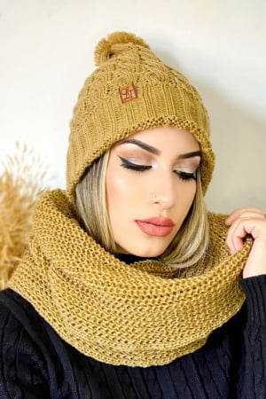 conjunto gorro e gola pompom - pedra do sol