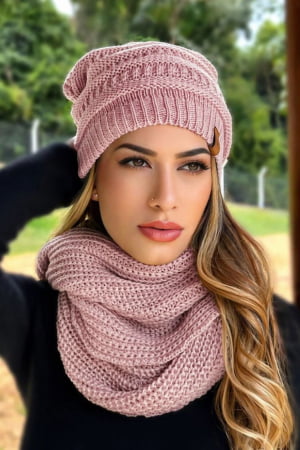 conjunto gorro e gola-rose